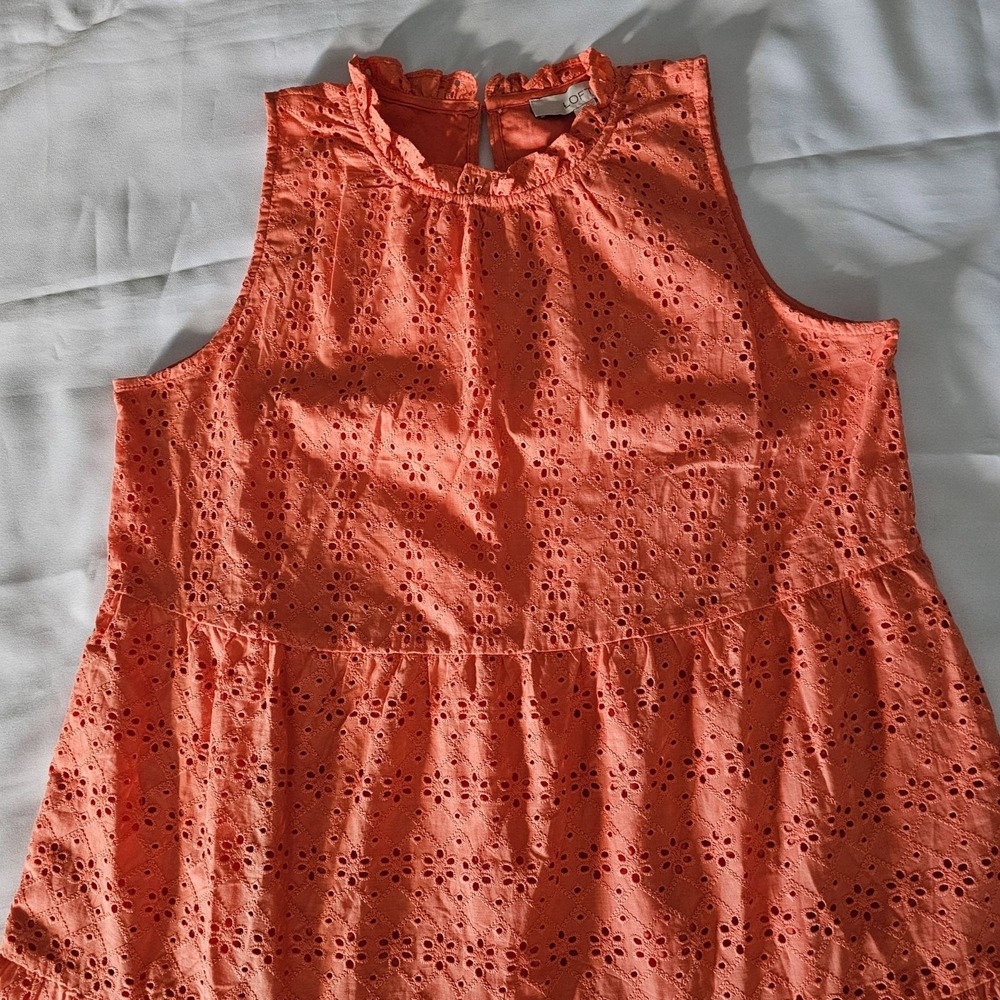 LOFT Women's Lively Coral Ruffled Neck Eyelet Tiered Swing Dress Size Medium NWT - Picture 5 of 11